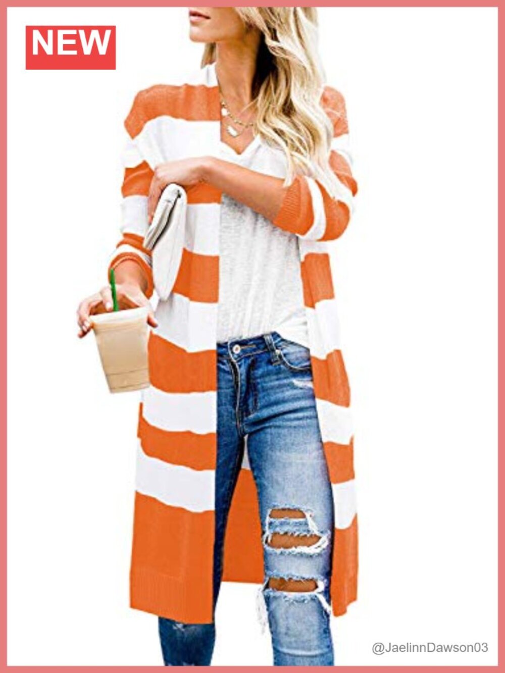 Women's Long Open Front Striped Cardigan Sweater Knee Length Loose Fit